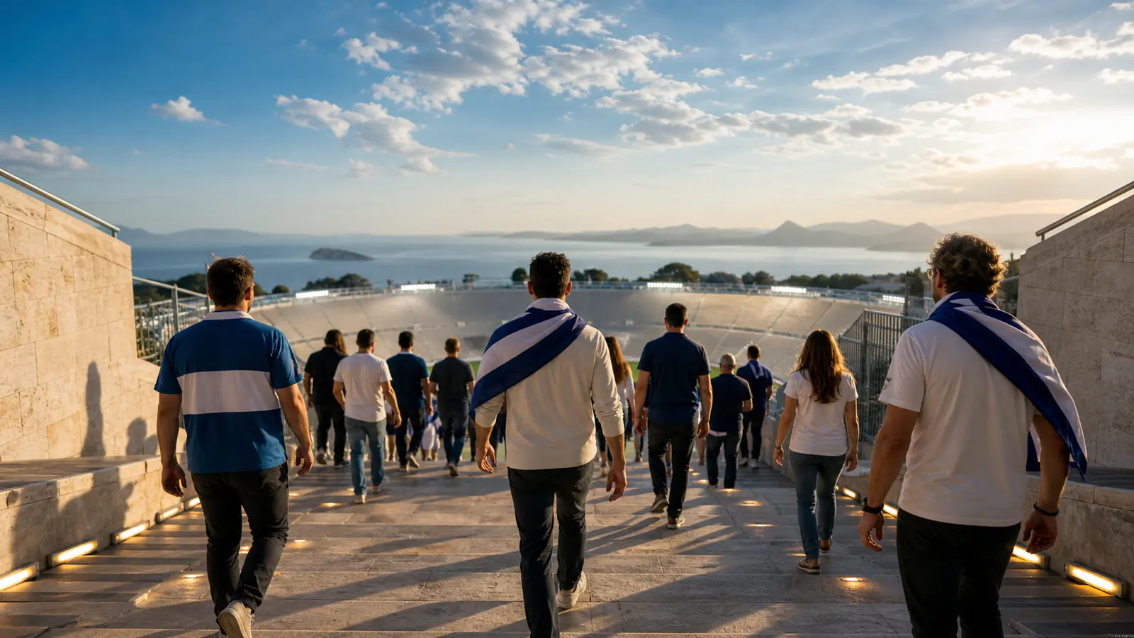 Έλληνες φίλαθλοι ανεβαίνουν στις φωτισμένες κερκίδες σταδίου