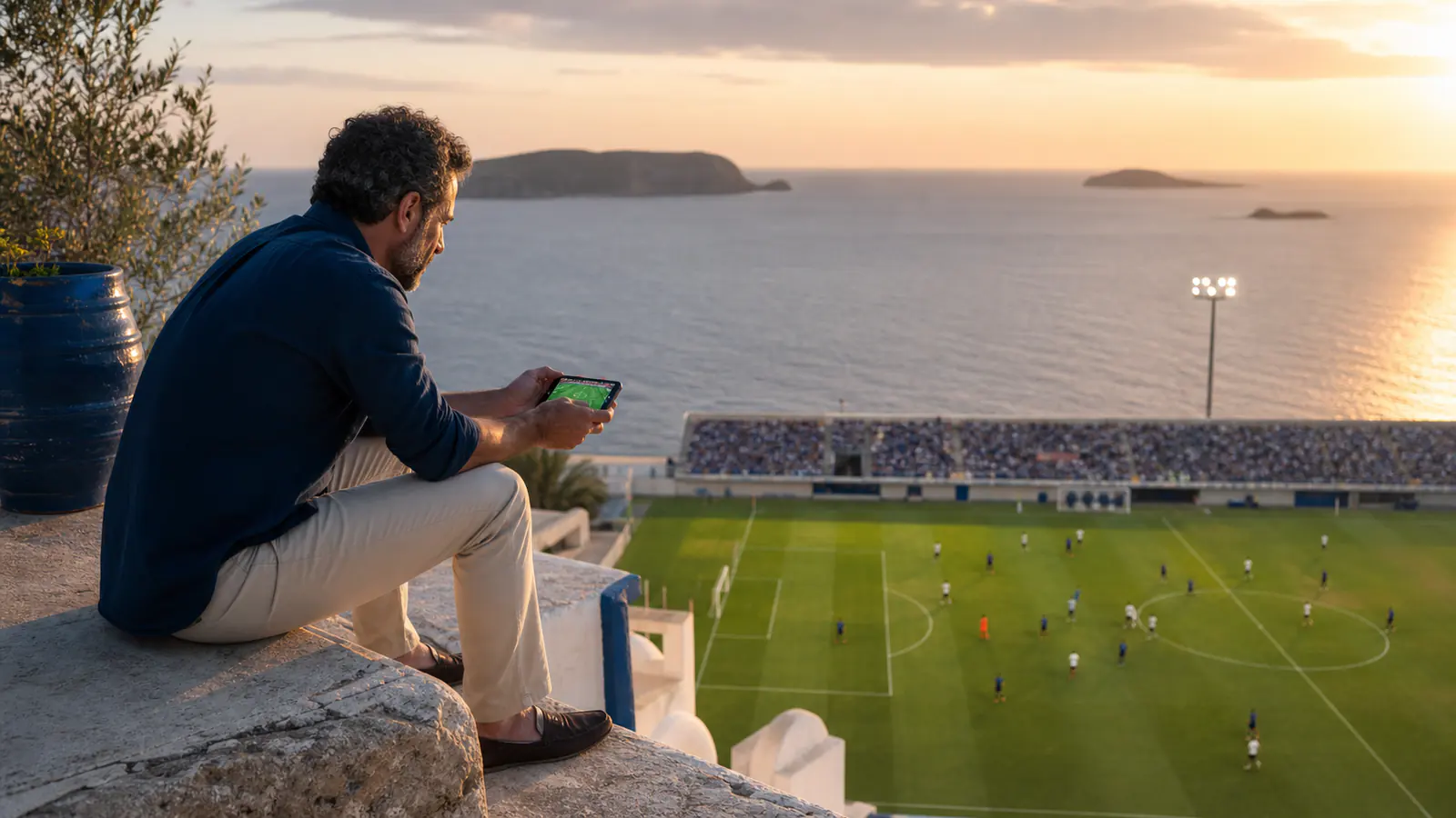 Adepto adulto acompanha uma partida ao vivo no smartphone com a marca BetLabel