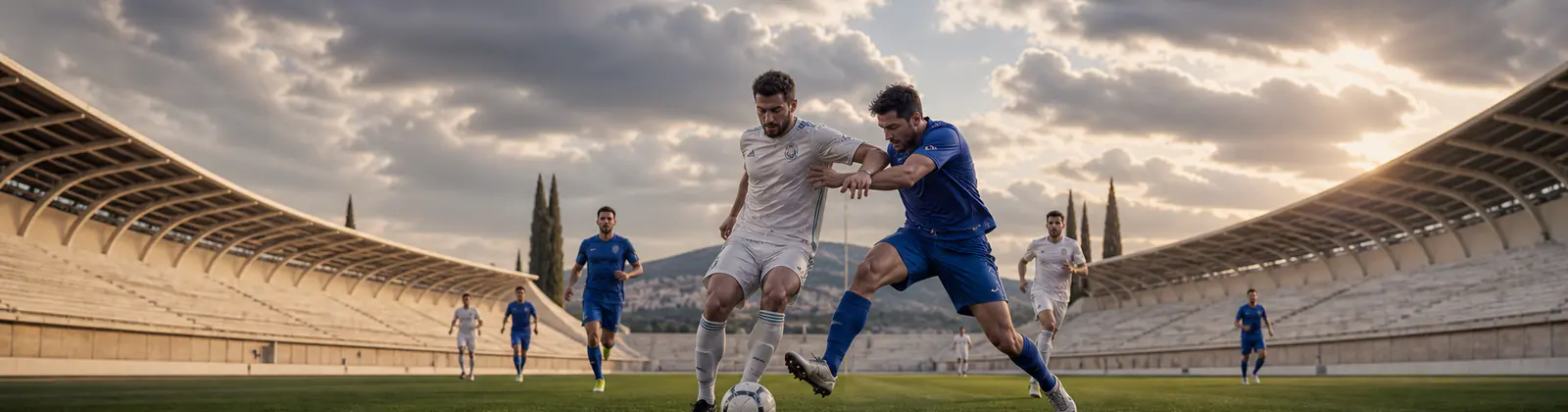 Ενήλικοι ποδοσφαιριστές στο κέντρο ελληνικού σταδίου