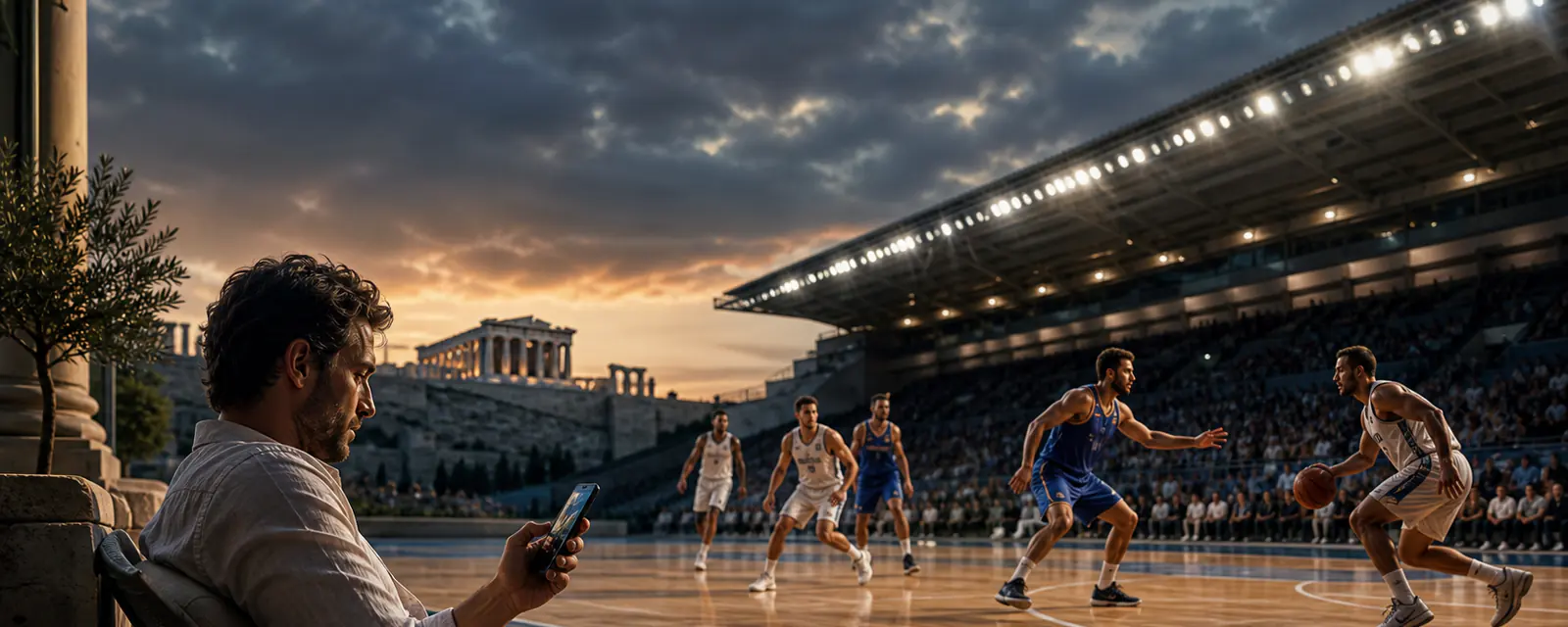 Ενήλικοι καλαθοσφαιριστές και φίλαθλος με smartphone